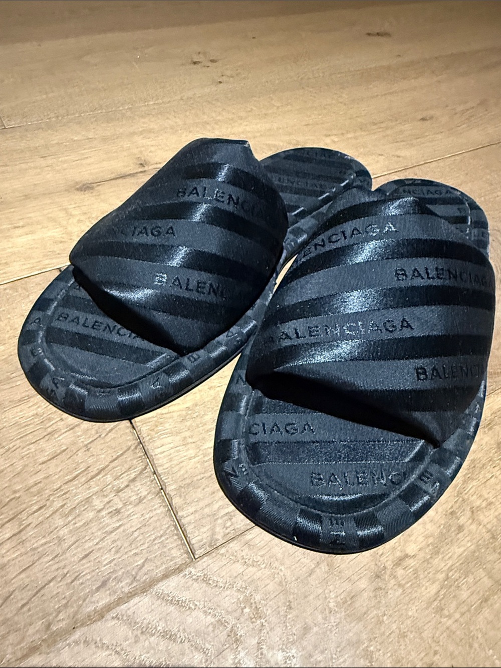 Balenciaga Black Striped Logo Satin Hotel Slide Sandals
